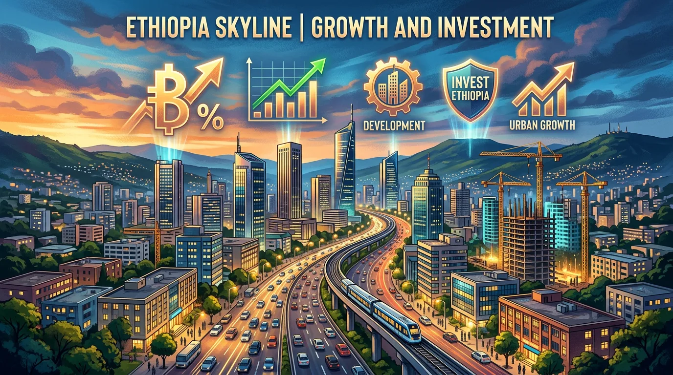 Modern city skyline with development icons for growth, investment, and urban expansion