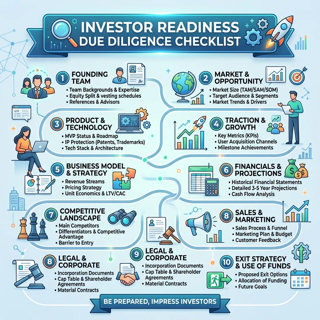 Infographic titled INVESTOR READINESS DUE DILIGENCE CHECKLIST covering Founding Team, Market & Opportunity, Product & Technology, Traction & Growth, Business Model & Strategy, Financials & Projections, Competitive Landscape, Legal & Corporate, Legal & Corporate, and Exit Strategy & Use of Funds, with supporting bullet points and the message BE PREPARED, IMPRESS INVESTORS.