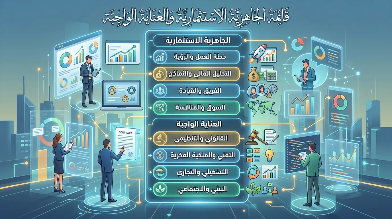قائمة الجاهزية الاستثمارية والعناية الواجبة: الجاهزية الاستثمارية، خطة العمل والرؤية، التحليل المالي والنماذج، الفريق والقيادة، السوق والمنافسية، العناية الواجبة، القانوني والتنظيمي، التقني والملكية الفكرية، التشغيلي والتجاري، البيئي والاجتماعي.